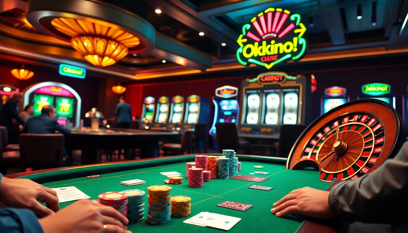 Experience thrilling gameplay at the Okking casino with vibrant poker tables and exciting roulette action.