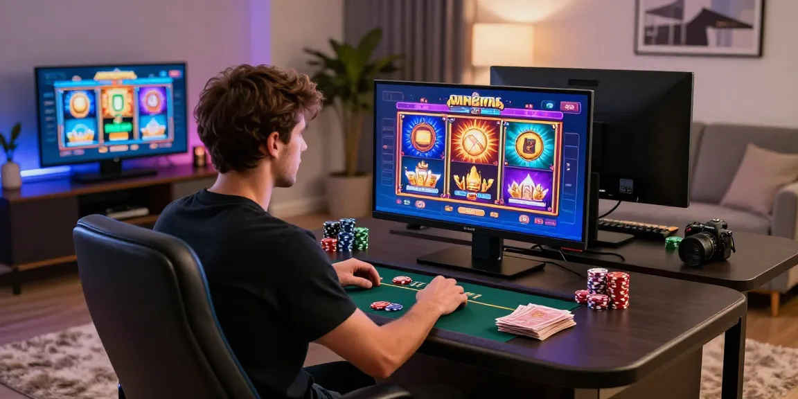 Player immersed in new online slot sites with vibrant graphics in cozy home setting.