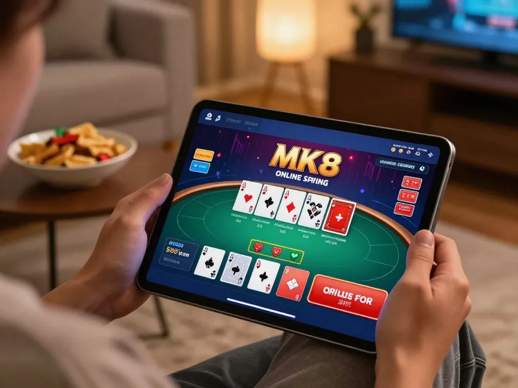 Player using MK8 online casino app for poker in a cozy home setting.