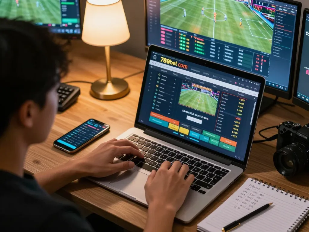 Betting enthusiast engaged with the 789bet com interface on a laptop, showcasing intense sports betting action.