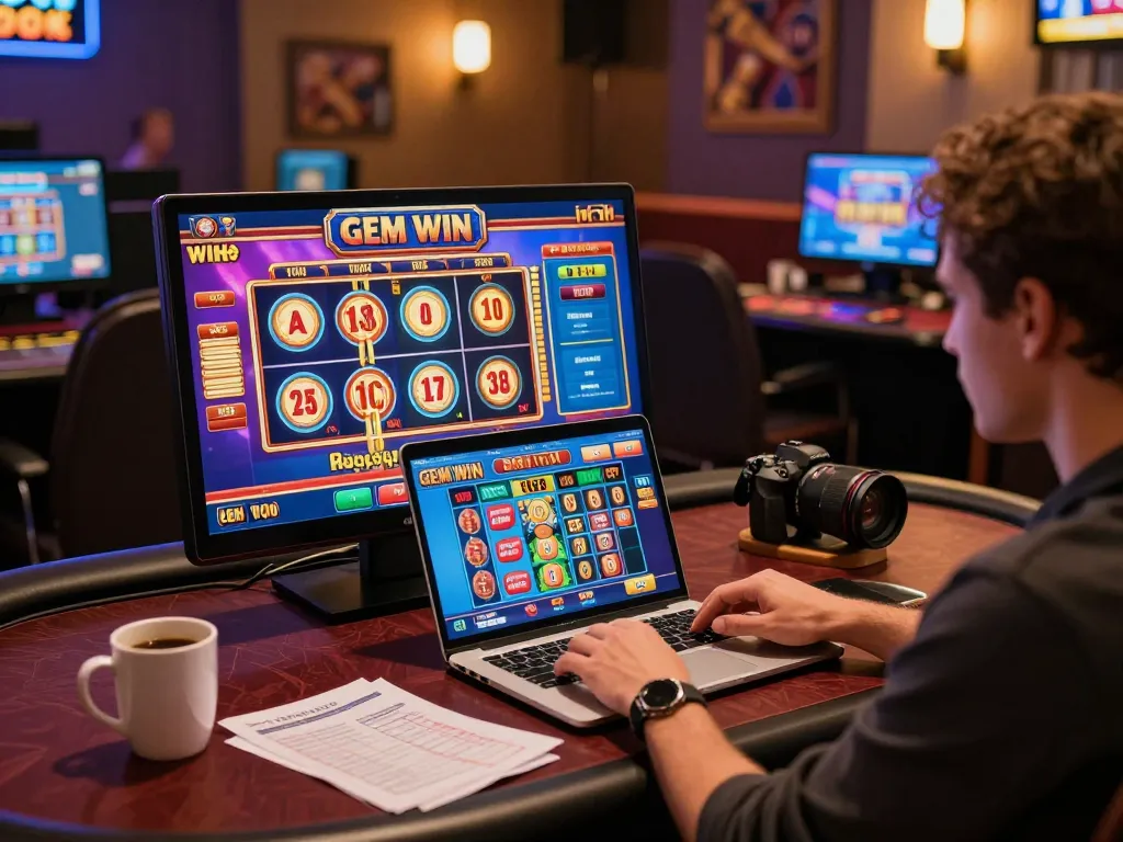 Engaging in GEM WIN online gambling at a cozy desk setting with a laptop and gaming notes.