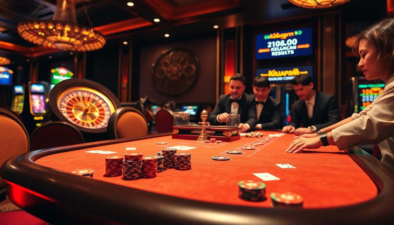 Keluaran Macau results illuminated on a vibrant casino table with poker chips and cards.