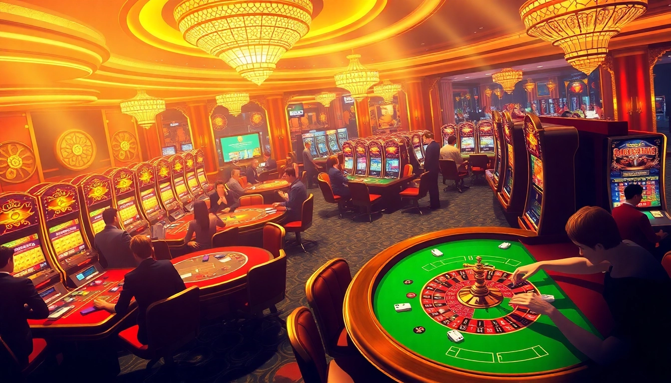 Betting at Casino rikbet with players enjoying poker tables and vibrant slot machines.