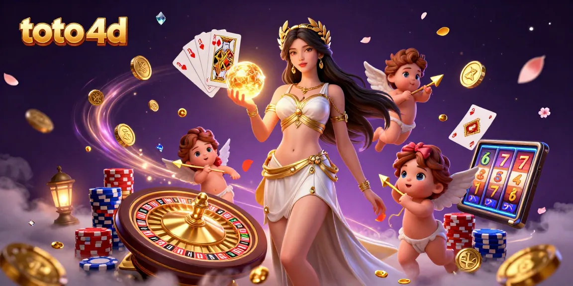 Rasakan sensasi toto 4d dengan ilustrasi digital yang menawan dari dewi Yunani dan cupid yang mempesona.