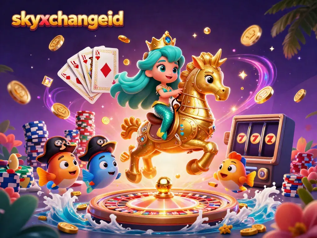 Engage with the skyxchangeid fantasy world where mermaid princess rides a seahorse amid vibrant casino elements
