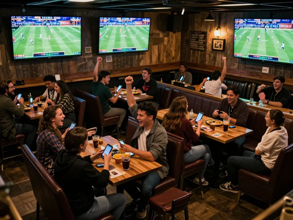 Engaged sports fans using their smartphones for Keo nha cai betting in a lively sports bar setting.