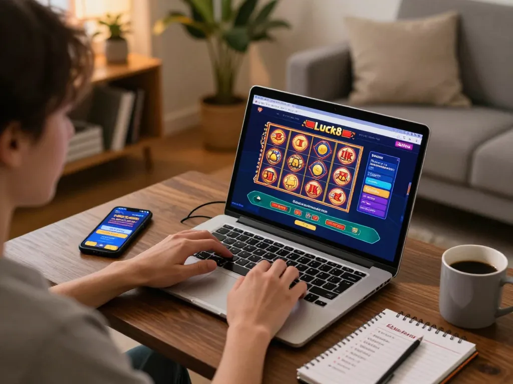 Player engaging in Luck8 games on a laptop in a cozy home setting, surrounded by personal items and coffee.