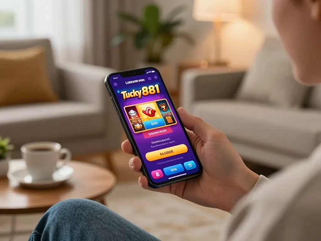 Playing luckywin 881 on a smartphone in a modern living room, showcasing exciting gaming options.