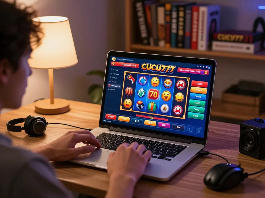 Cucu777 player engaging with online casino games on a laptop in a cozy home setting