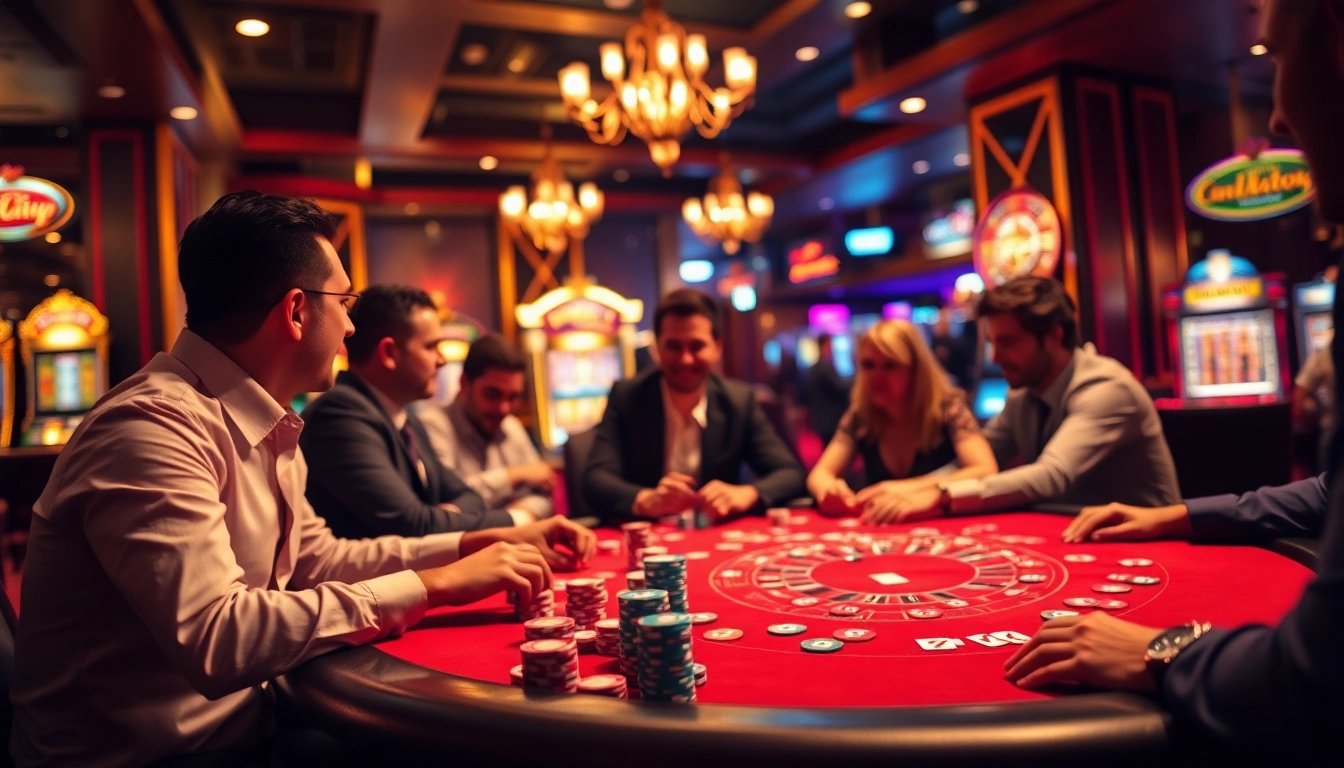 Players enjoy an exhilarating game of Rik vip at a glamorous casino table surrounded by vibrant atmosphere.