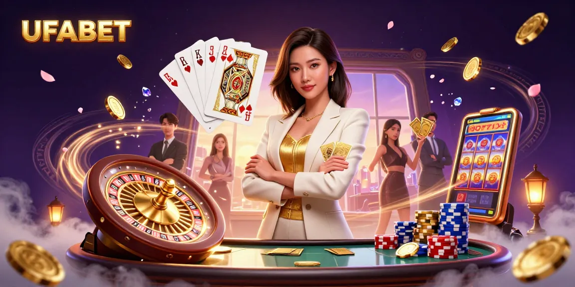 Experience the thrill of UFABET with a glamorous Asian woman holding cards in an energetic casino scene.