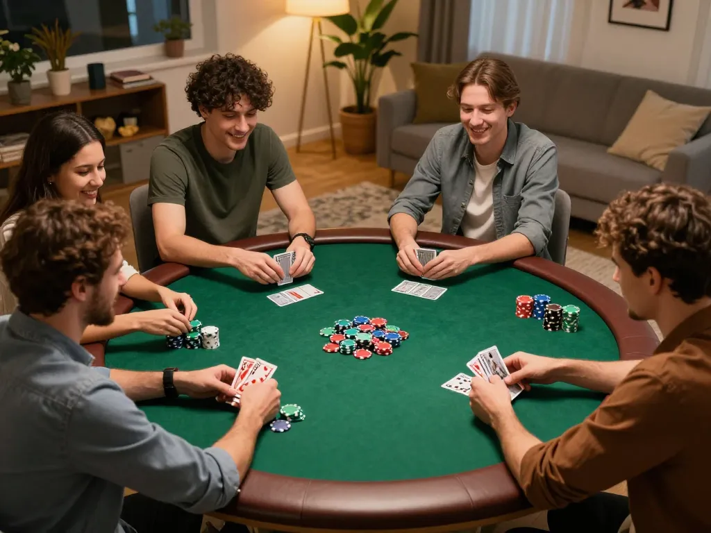 Engaging friends play poker in a cozy setting while using 388bet for strategy.