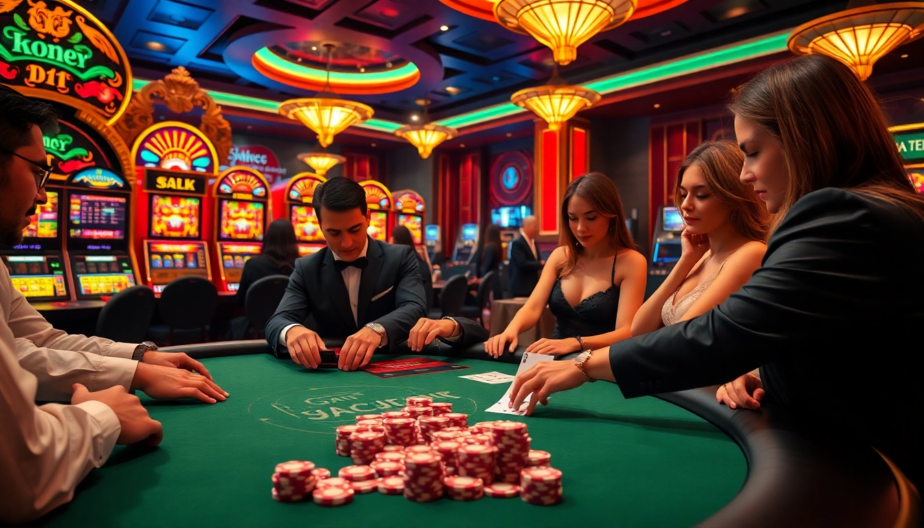 Excited players engaging at a poker table in bem88, showcasing vibrant casino action.