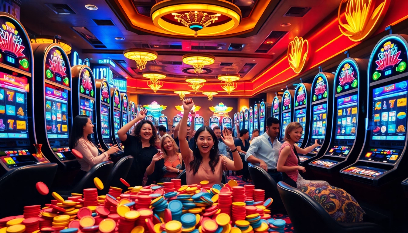 Experience the excitement of Diwa777 in a lively casino filled with vibrant players and slot machines.