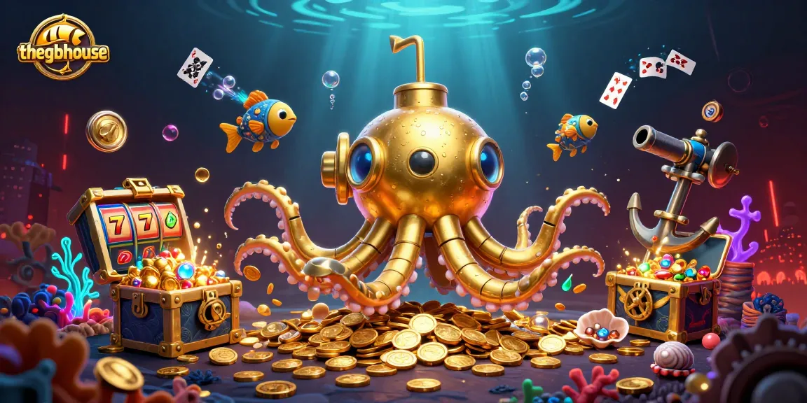 Experience thegbhouse with a golden kraken submarine and slot games amidst treasures.