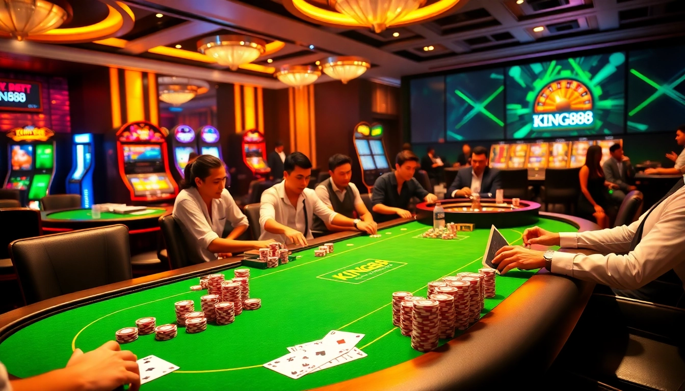 King88 gaming table filled with colorful poker chips and active players enjoying casino excitement.