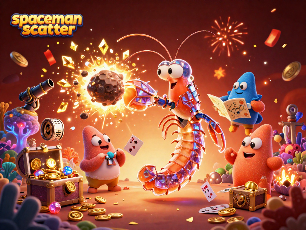 Experience the excitement of spaceman scatter with samurai shrimp and treasure in a vibrant casino scene.