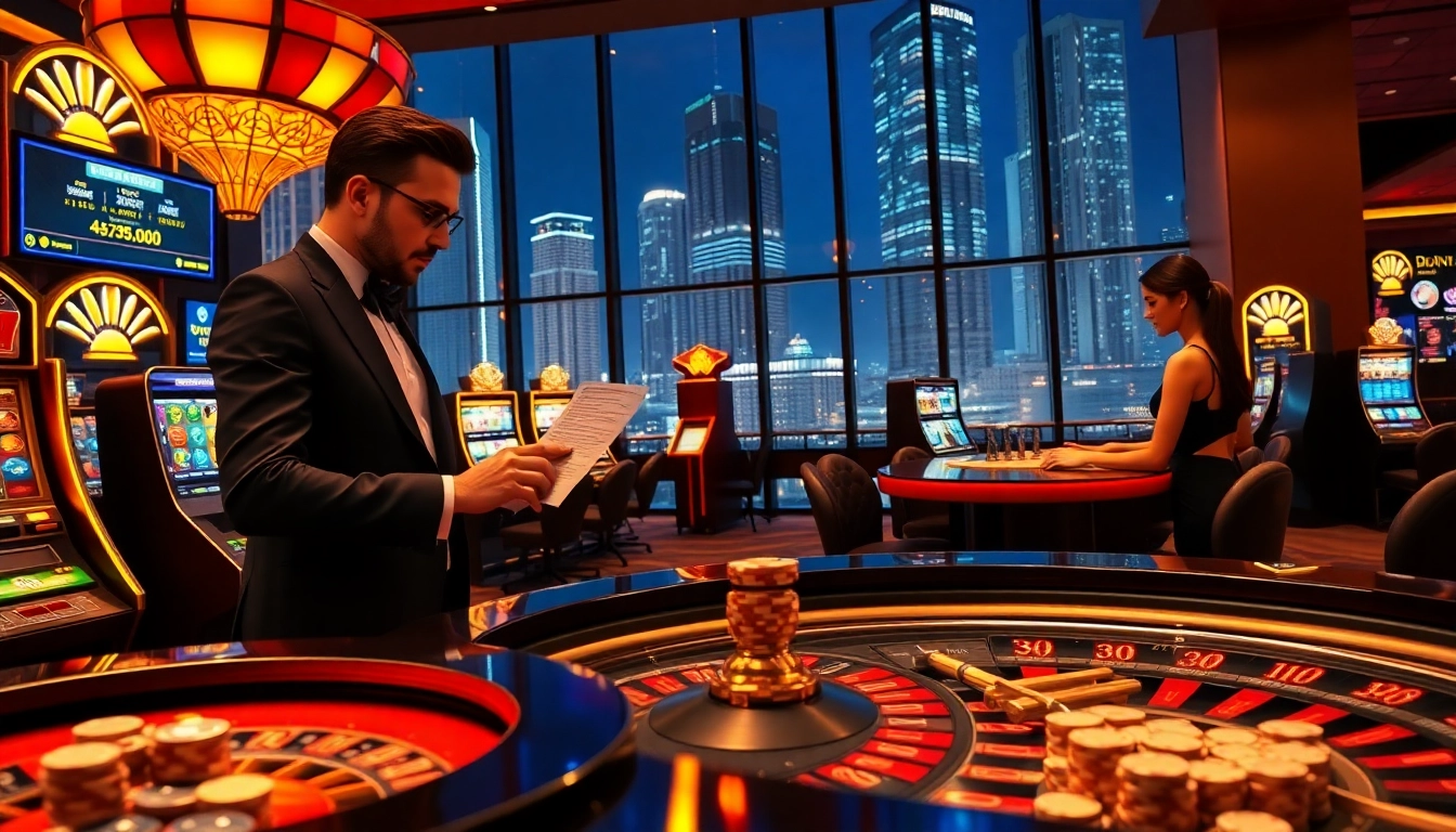 An engaging casino scene illustrating Nhacaiuytin with vibrant slot machines and players at a roulette table.