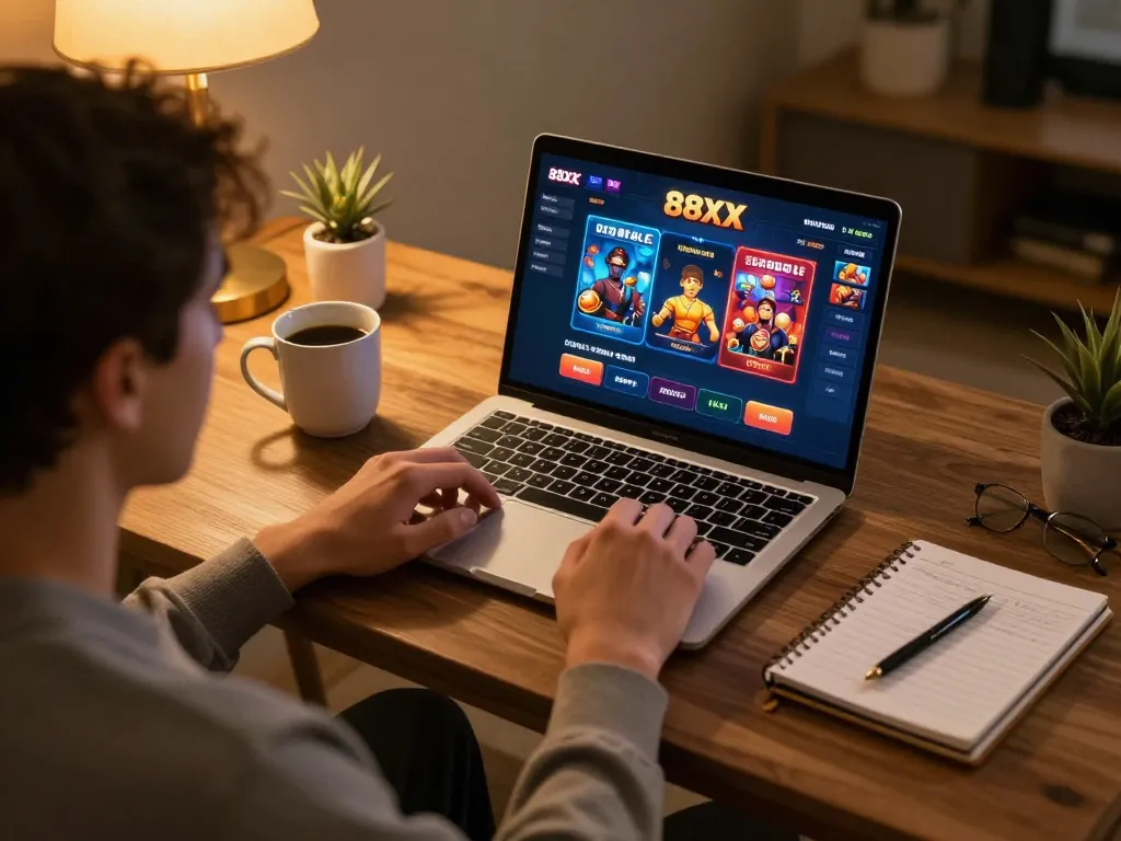 Engaging in thrilling 88xx online slots while managing betting strategy at home.