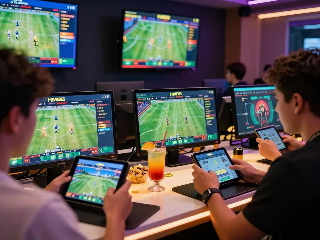 Engaged players using HM88 gambling platform on mobile devices in a vibrant online betting setting.