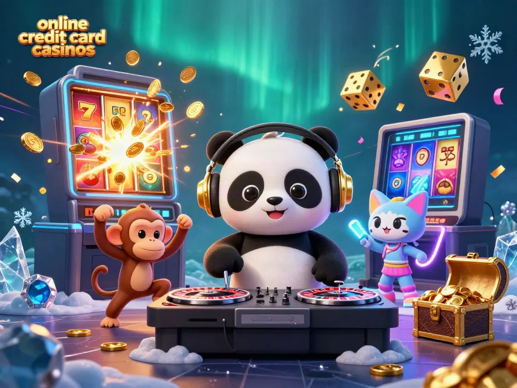 Dynamic scene showcasing online credit card casinos with a DJ panda, dancing characters, and vibrant game elements.