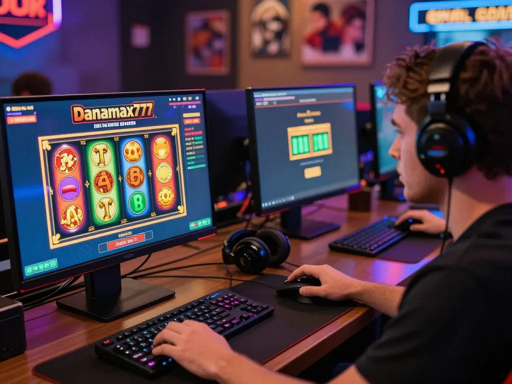 Menariknya scene permainan online Danamax777 daftar dengan seorang pemain yang fokus pada gulungan slot berwarna-warni.