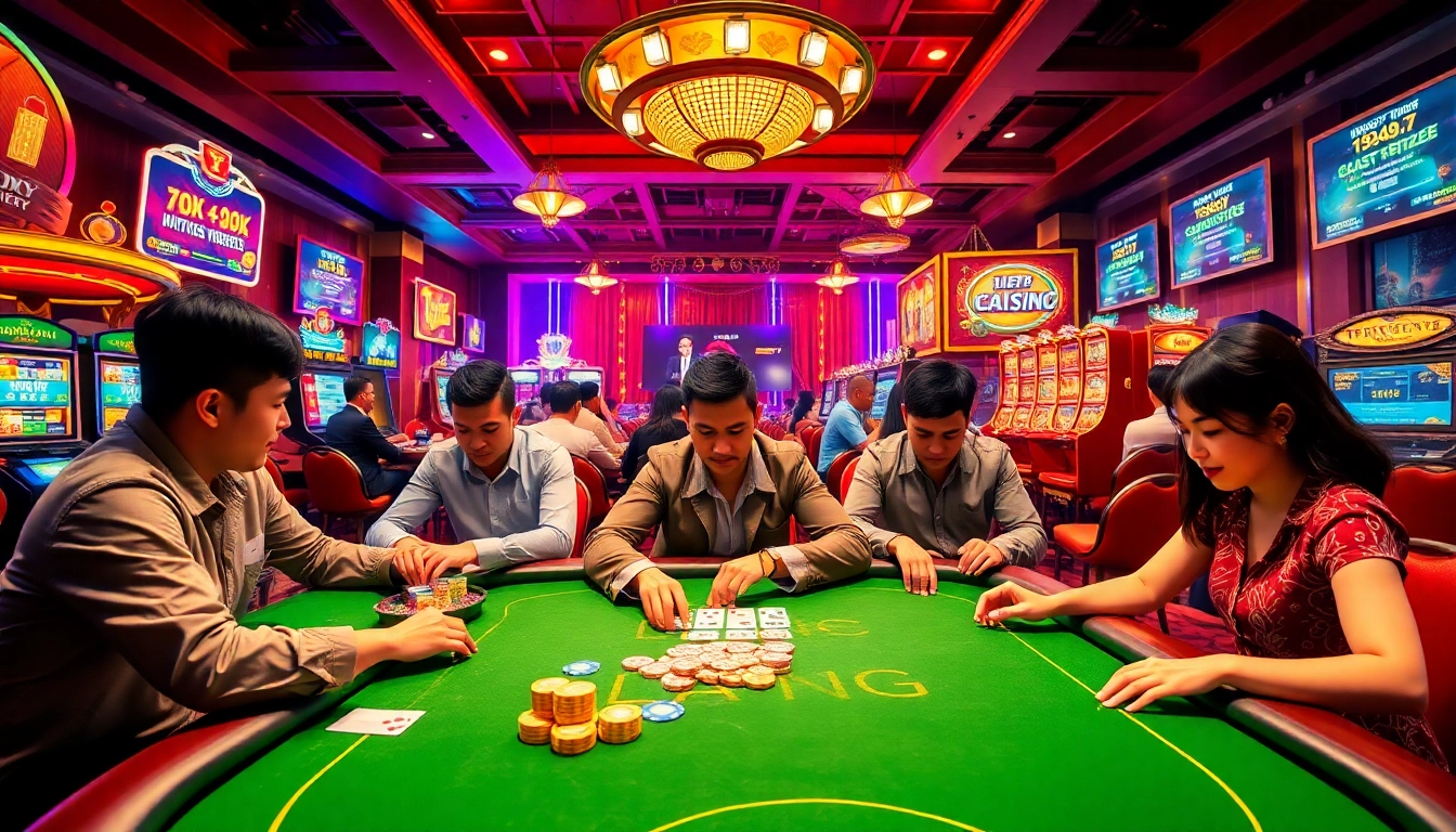 Interactive scene of players enjoying live casino games at 789F, the top Asian gambling site.