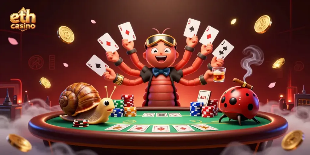 Engage in the eth casino excitement with a whimsical 3D scene featuring cartoon characters and poker dynamics.