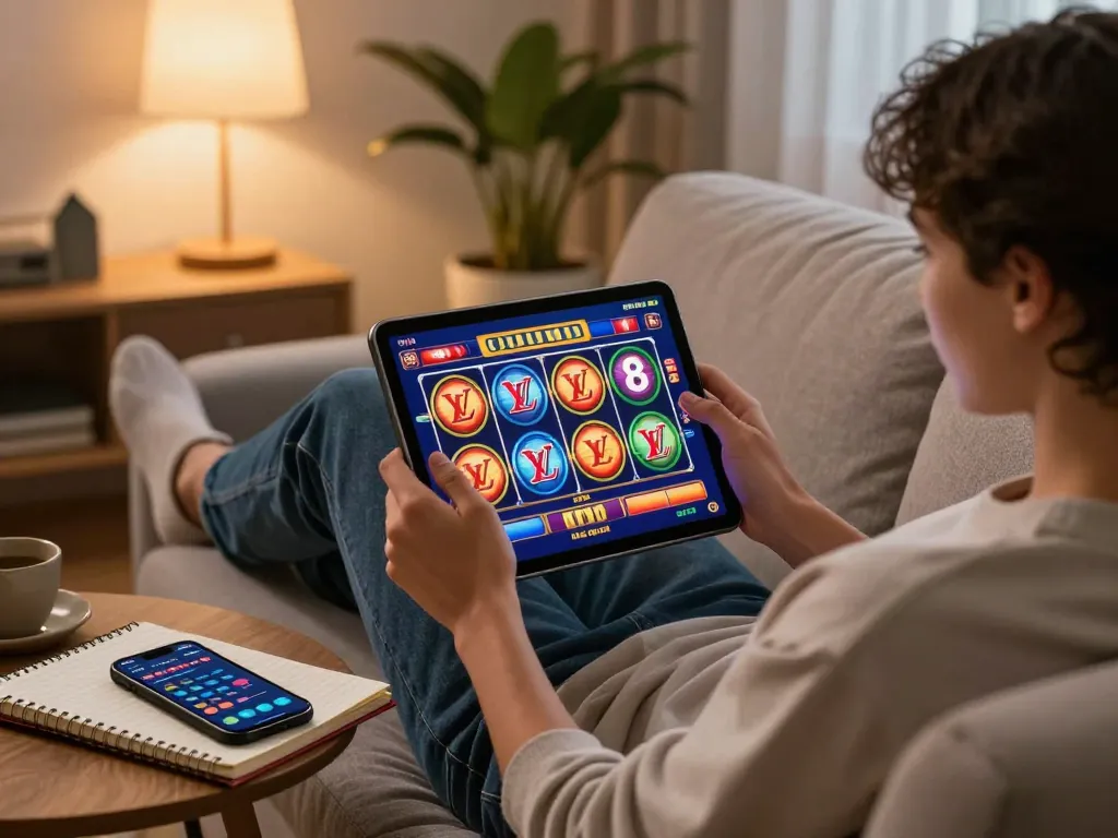 Engaging with LV88 online slots at home, showcasing vibrant gameplay and strategic planning.