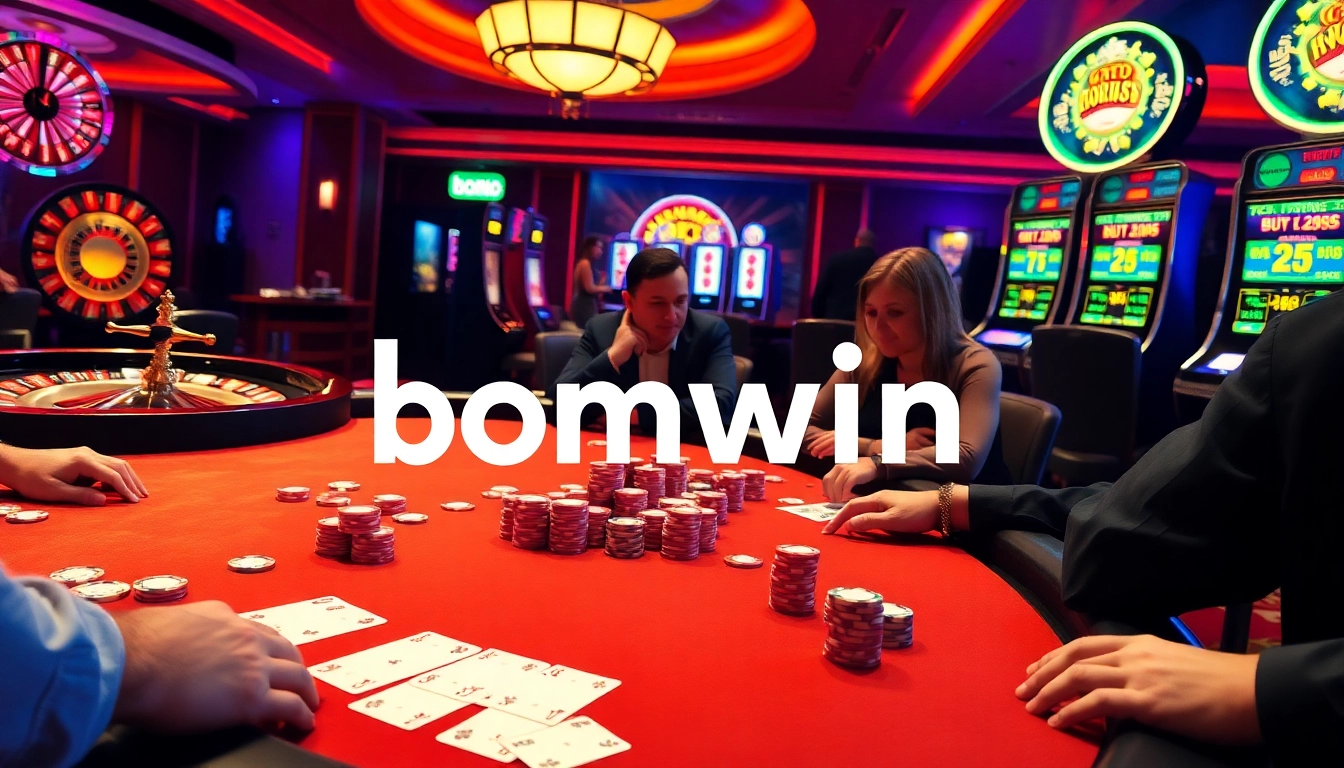 Experience the thrill of bomwin gambling at a luxurious poker table with colorful chips and vibrant lights.