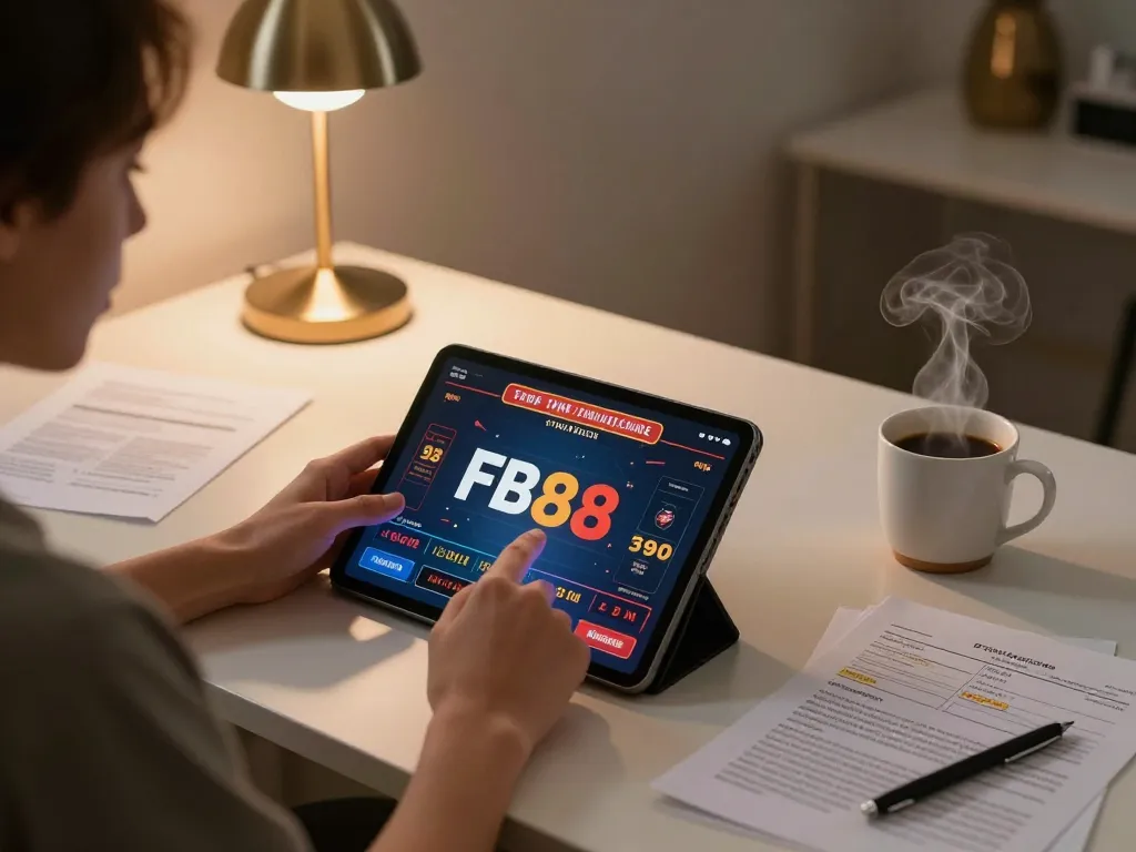 Engaging player enjoying FB88 with a tablet at a stylish home office, showcasing responsible gaming.