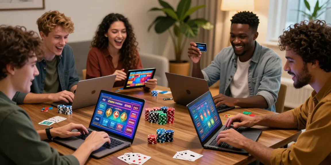 Players enjoying credit card casinos in a lively home setting, engaging with casino games on laptops and tablets.