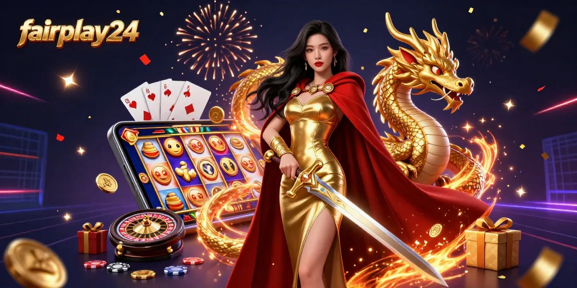 Experience the thrill of fairplay24 with a dramatic queen and golden dragon showcasing passionate gaming and rich bonuses.