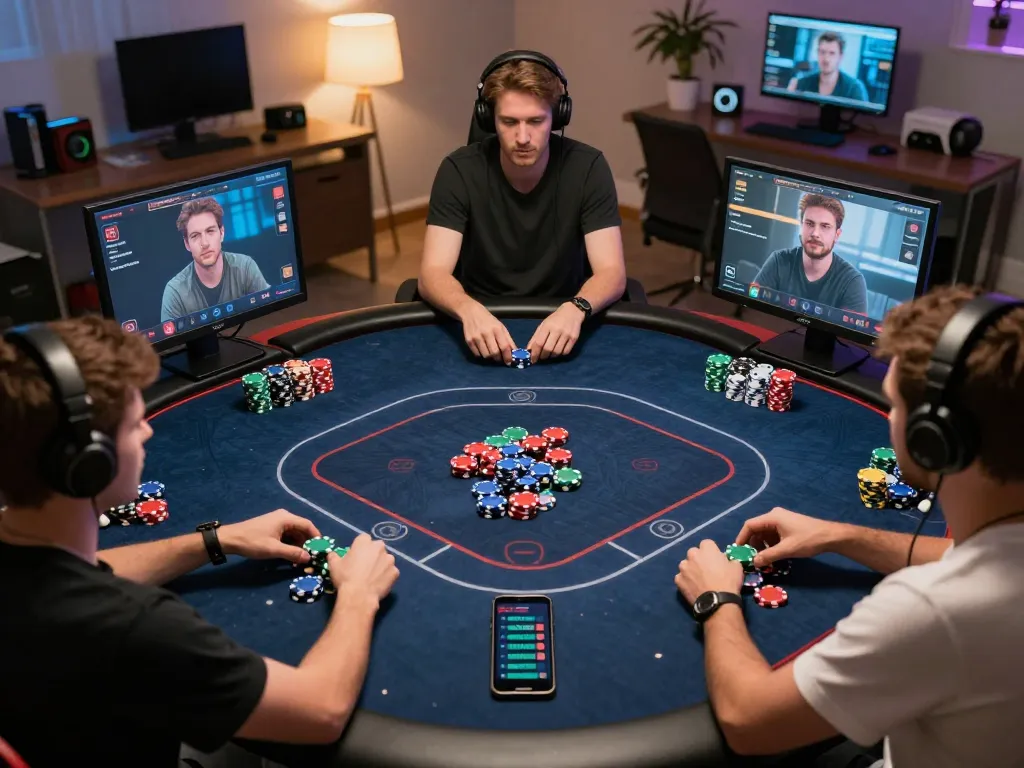 Players engaging in an online poker game at MMOO with vibrant chips on screen.
