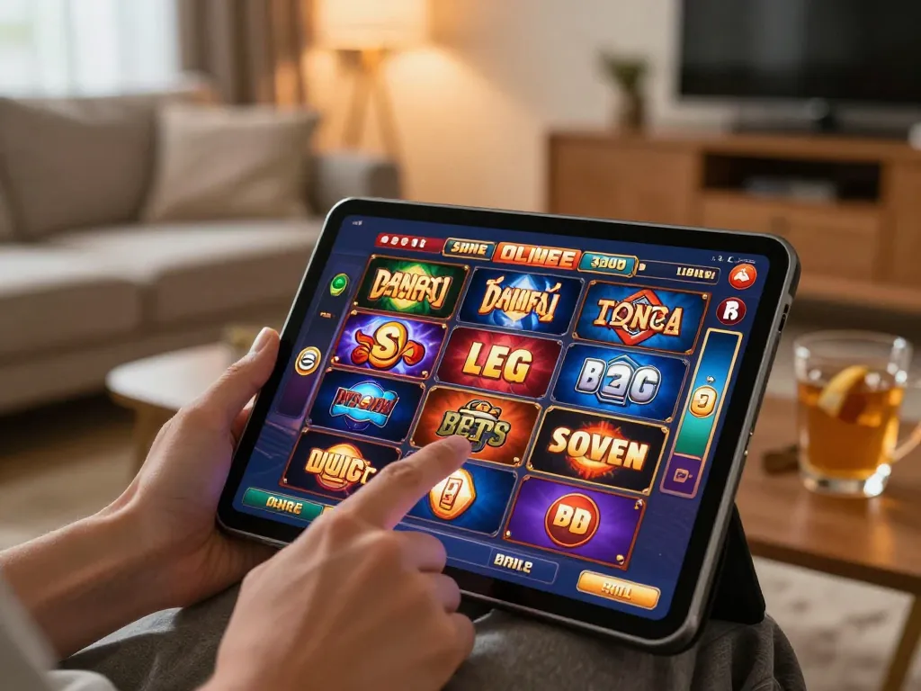 Neng4D slot gaming session on a tablet with vibrant themes in a cozy home atmosphere.
