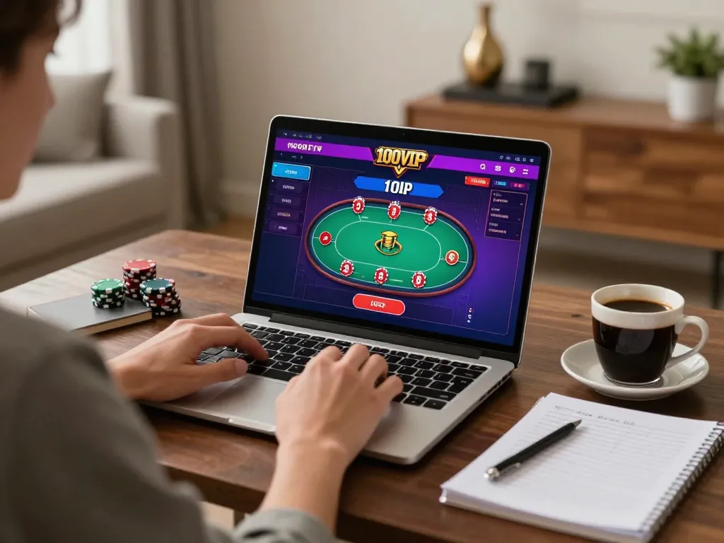 Engaging in 100VIP online casino gaming from a cozy home setup, featuring poker game interface.