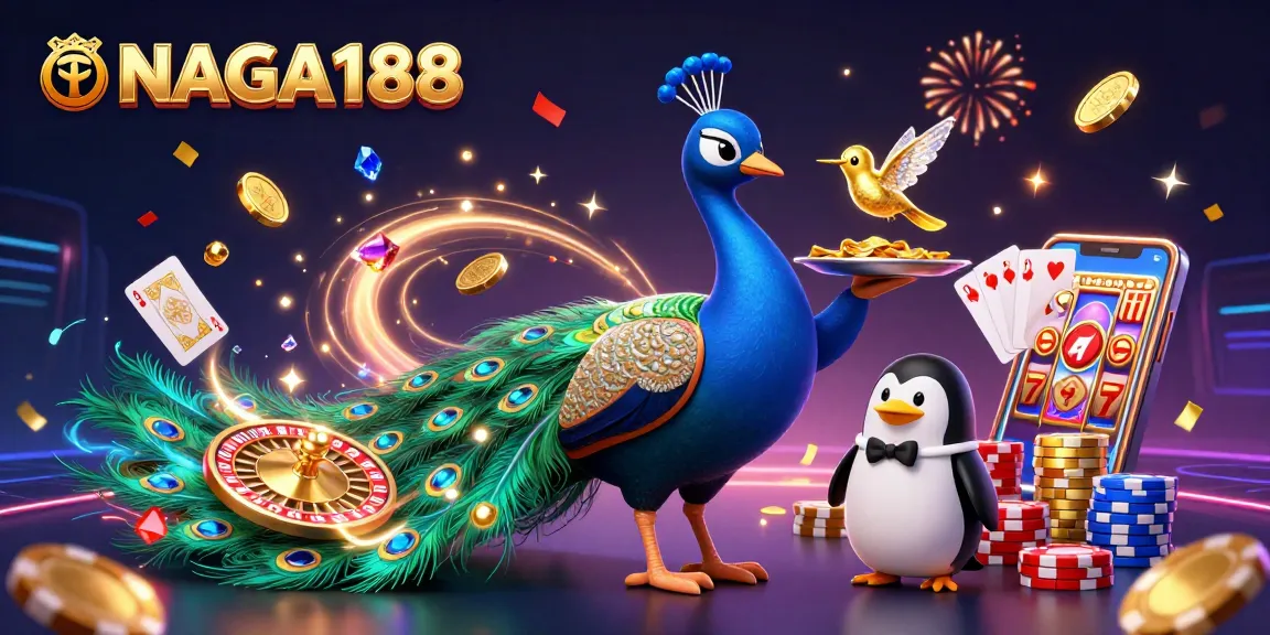 NAGA188 merayakan kemenangan dengan ilustrasi kasino 3D yang menampilkan karakter unik dan elemen permainan yang menarik.