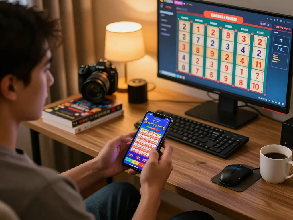 Terlibat dalam permainan situs togel online dari rumah dengan smartphone dan antarmuka taruhan.