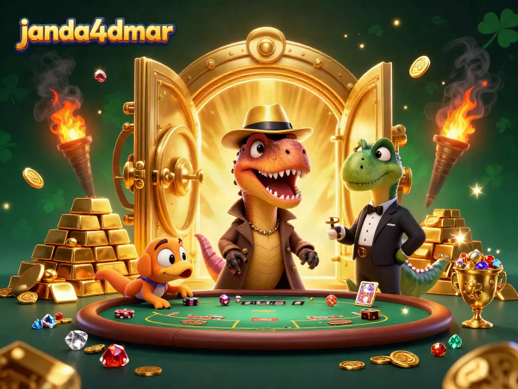JANDA4D menghadirkan suasana perjudian yang penuh warna dengan karakter dinosaurus dan tindakan kasino menarik.