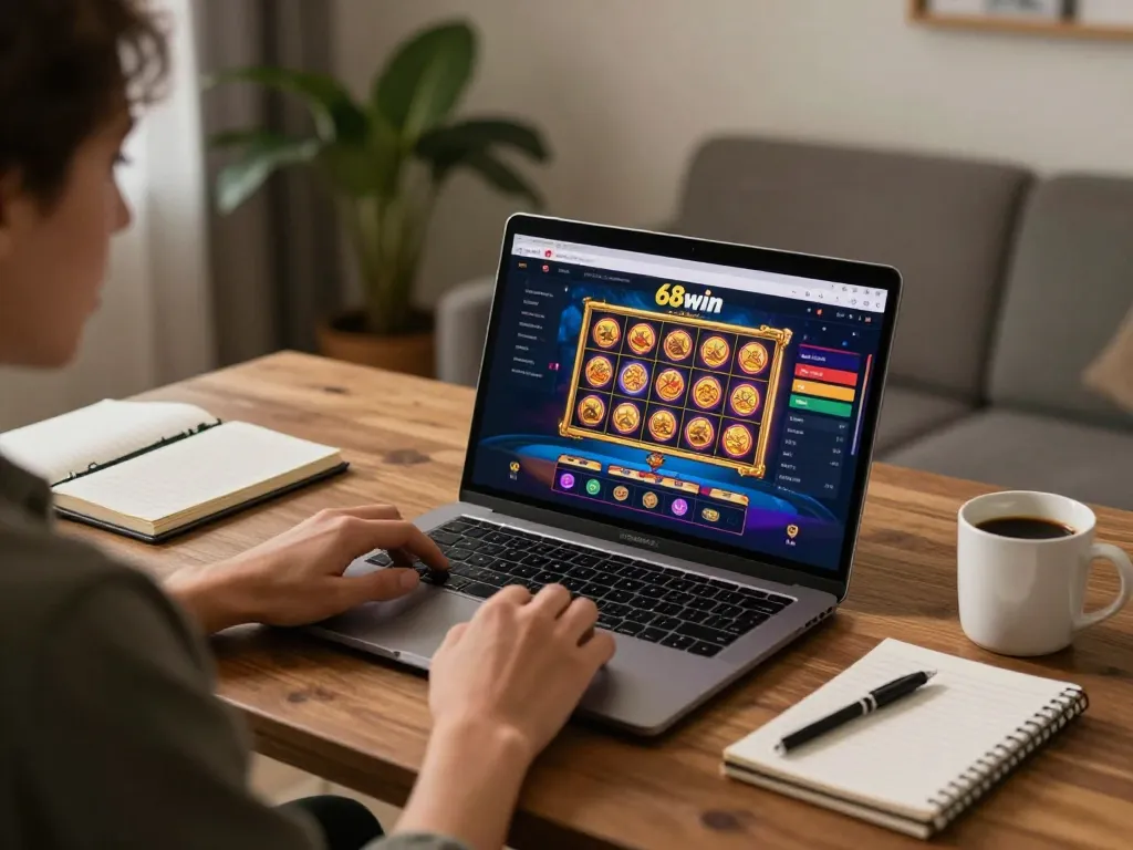 Player engaging with 68win online casino on a laptop, showcasing vibrant game graphics and a cozy home setting.