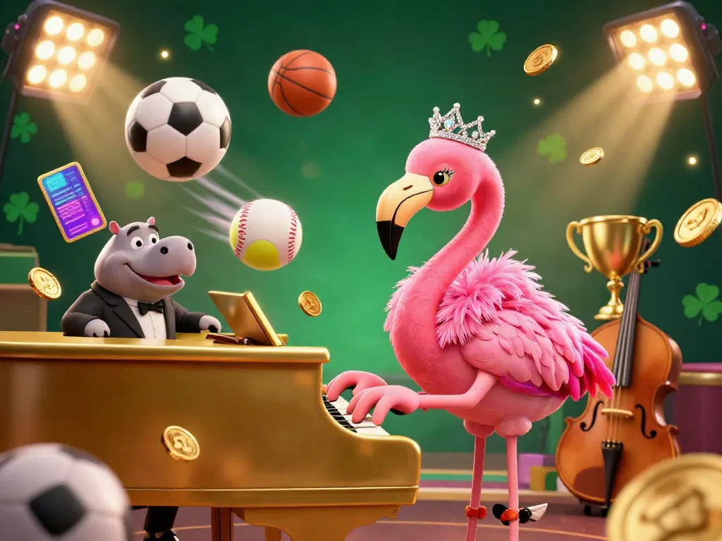Experience the thrill of betting with Onbet's vibrant casino scene featuring a singing flamingo and a hippo bassist.