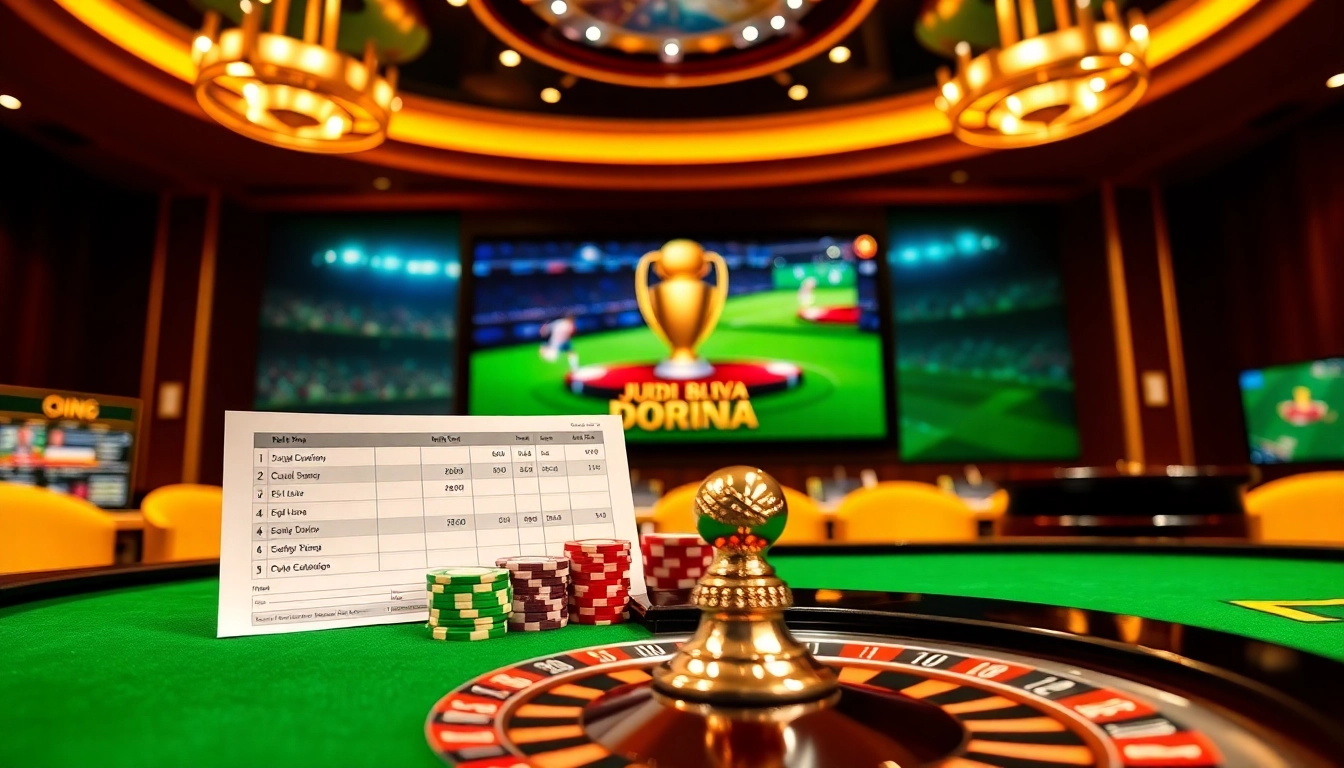 Experience the thrill of Judi Bola Piala Dunia with vibrant casino visuals, showcasing online betting excitement.