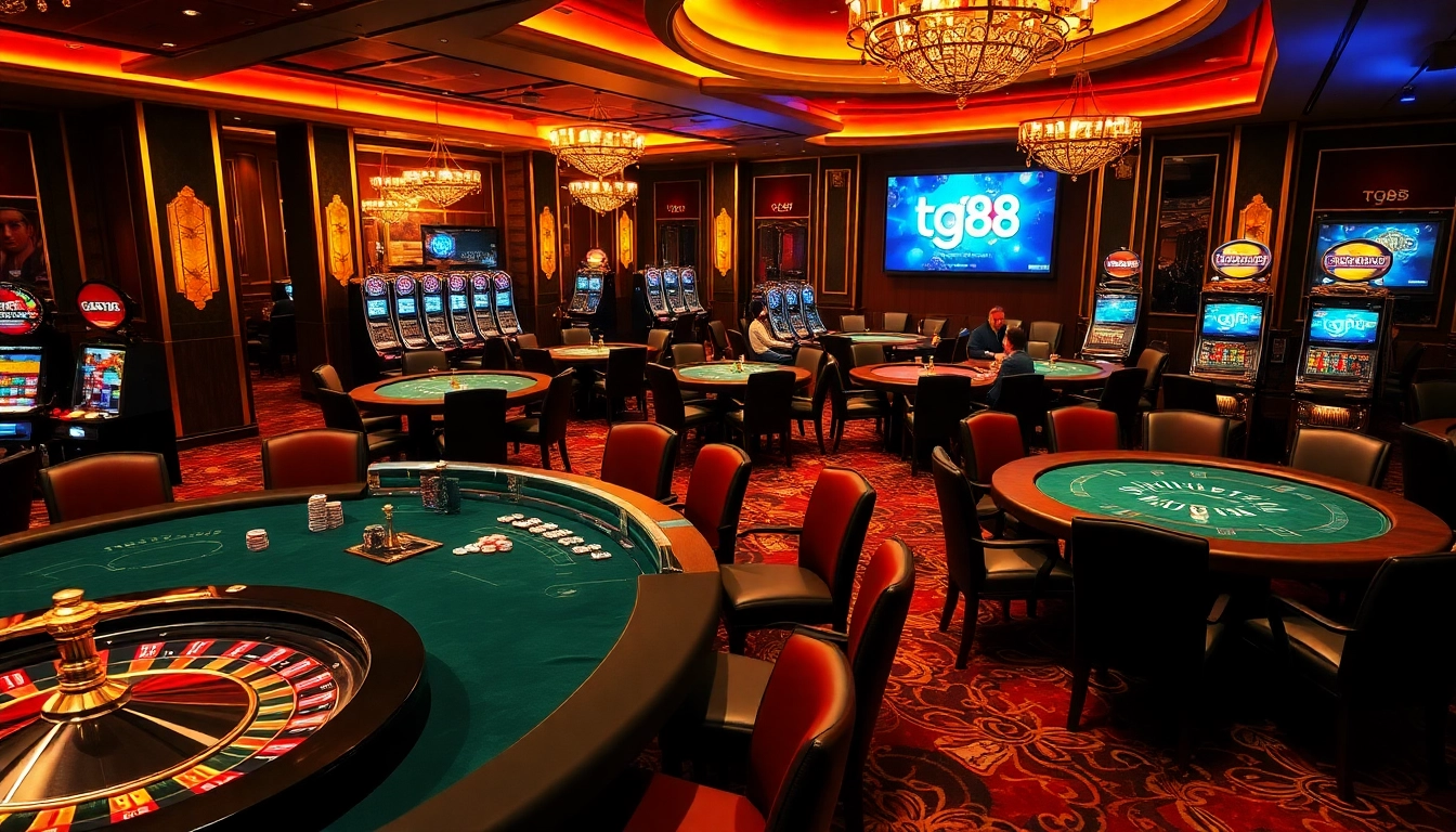 Engage in tg88 đăng nhập at a luxurious casino featuring vibrant slot machines and energetic players.