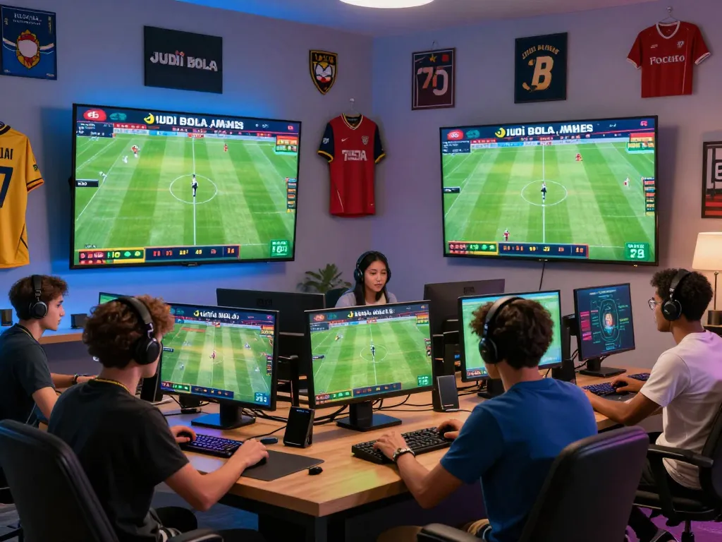 Exciting judi bola online betting scene with players engaged in football match wagering.