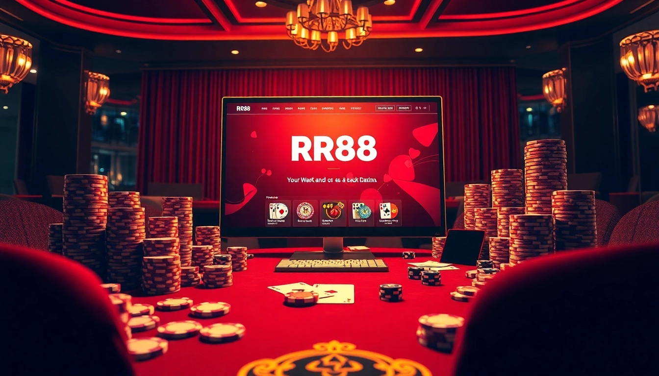 Experience the thrill of online gambling at Trang chủ RR88 with an exciting casino layout featuring cards and poker chips.