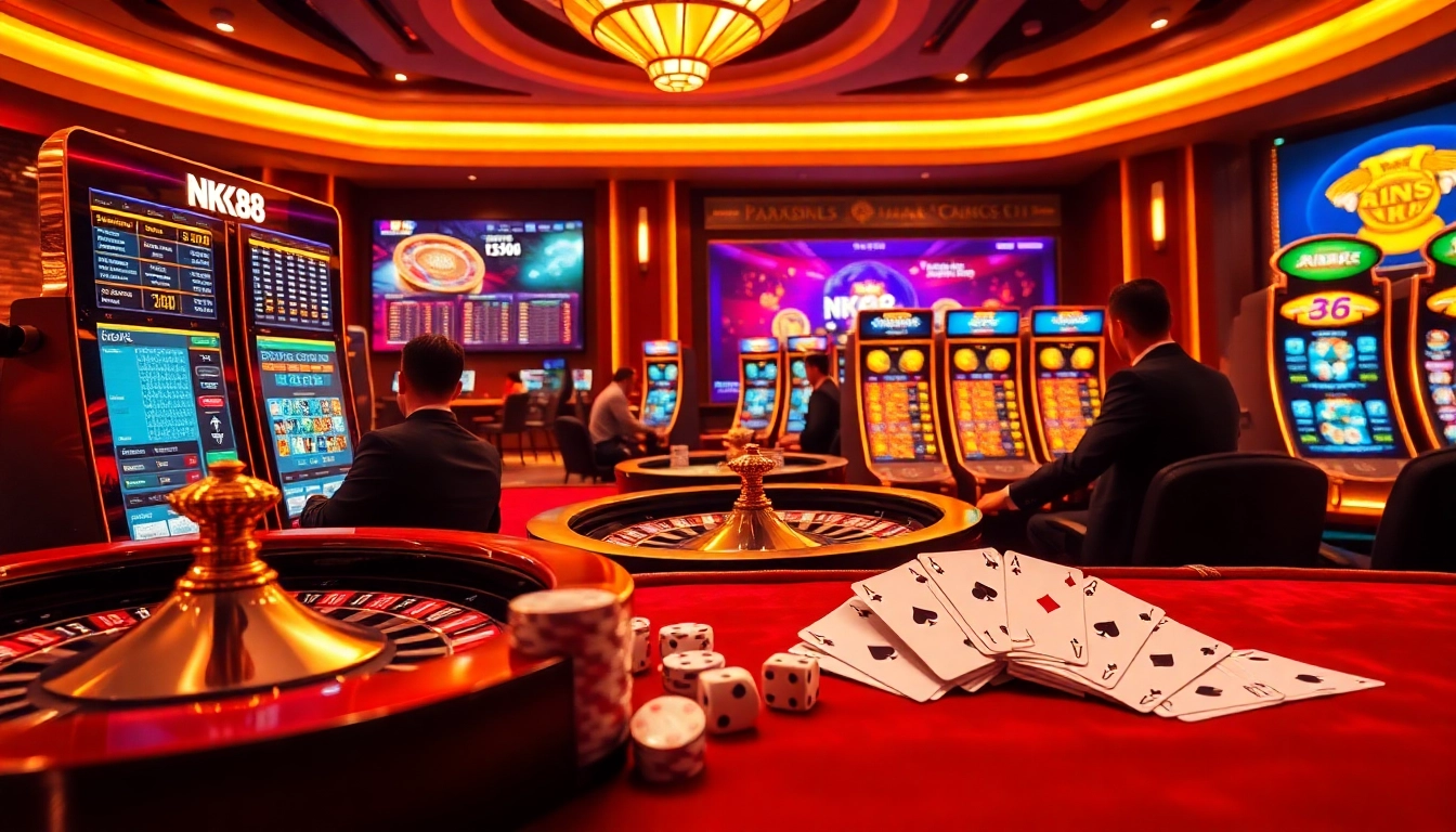 Professional gambler interacting with nk88 digital sportsbook and casino interface showcasing live betting odds and jackpot slot machines