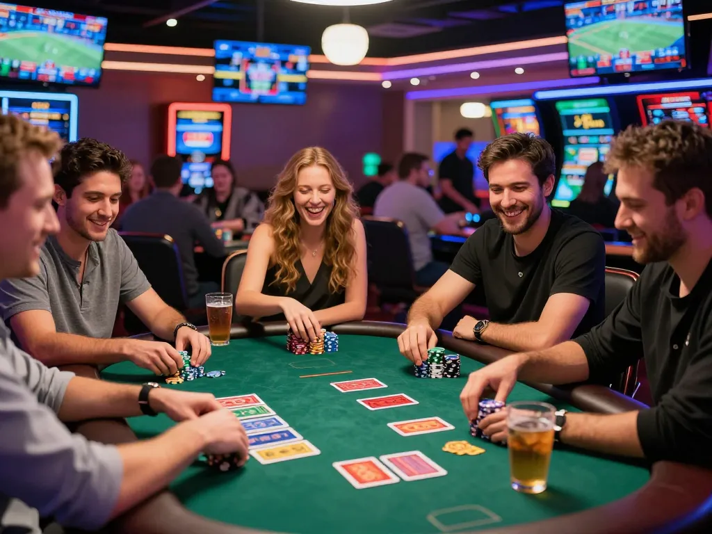 Exciting Luckywin casino scene showing diverse players engaged in poker, vibrant atmosphere.
