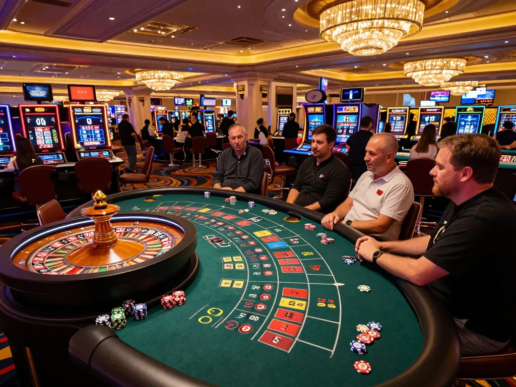 Kehebohan oursinado di kasino Vegas, menampilkan pemain di meja roulette yang meriah.