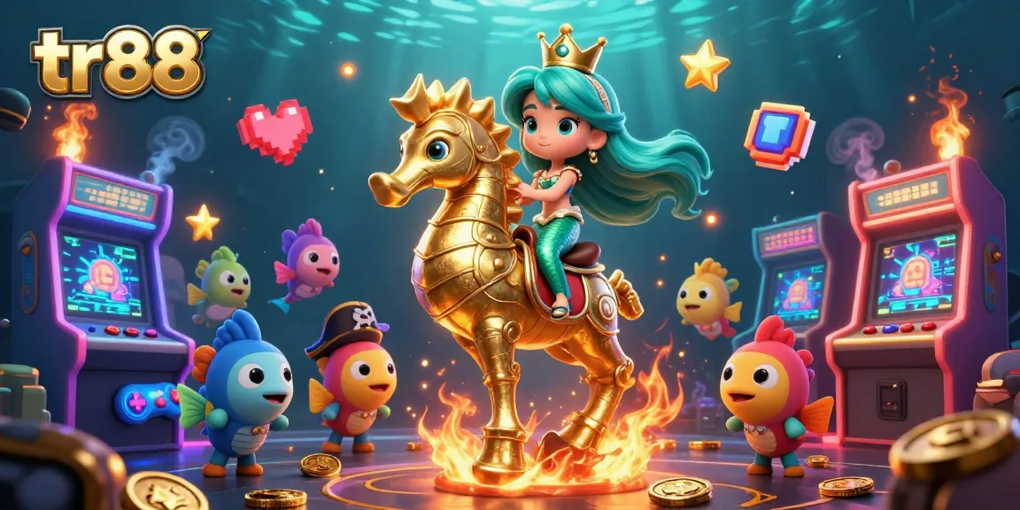 Engage with tr88's exciting gaming world, featuring mermaid princess and golden seahorse in vibrant casino-themed scene.