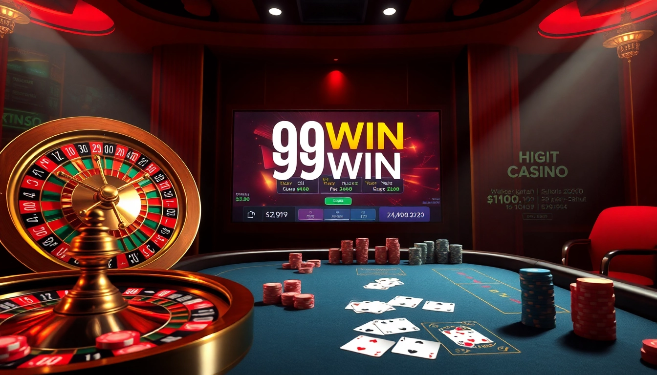 Exciting play at 99win com, showcasing poker chips and a vibrant roulette wheel in a luxury casino.